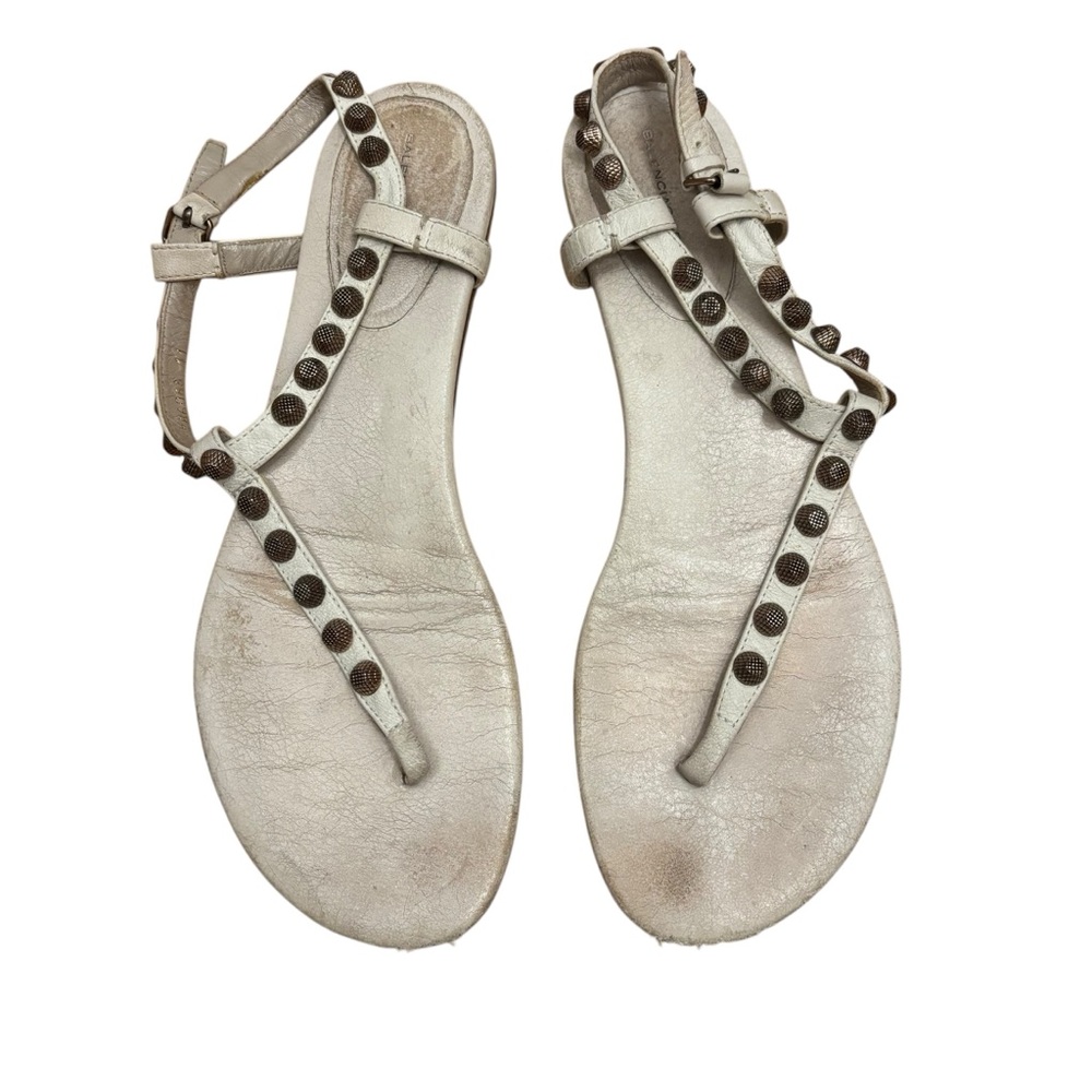Balenciaga T-Strap Studded Beige Cream Womens Leather Thong Sandals 41 Authentic